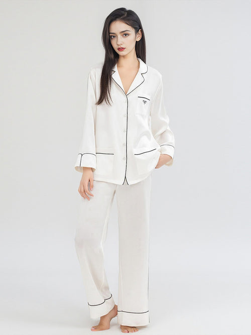100% Mulberry Silk Contrast Piping Letter Embroidery Long Sleeve Pajama Set