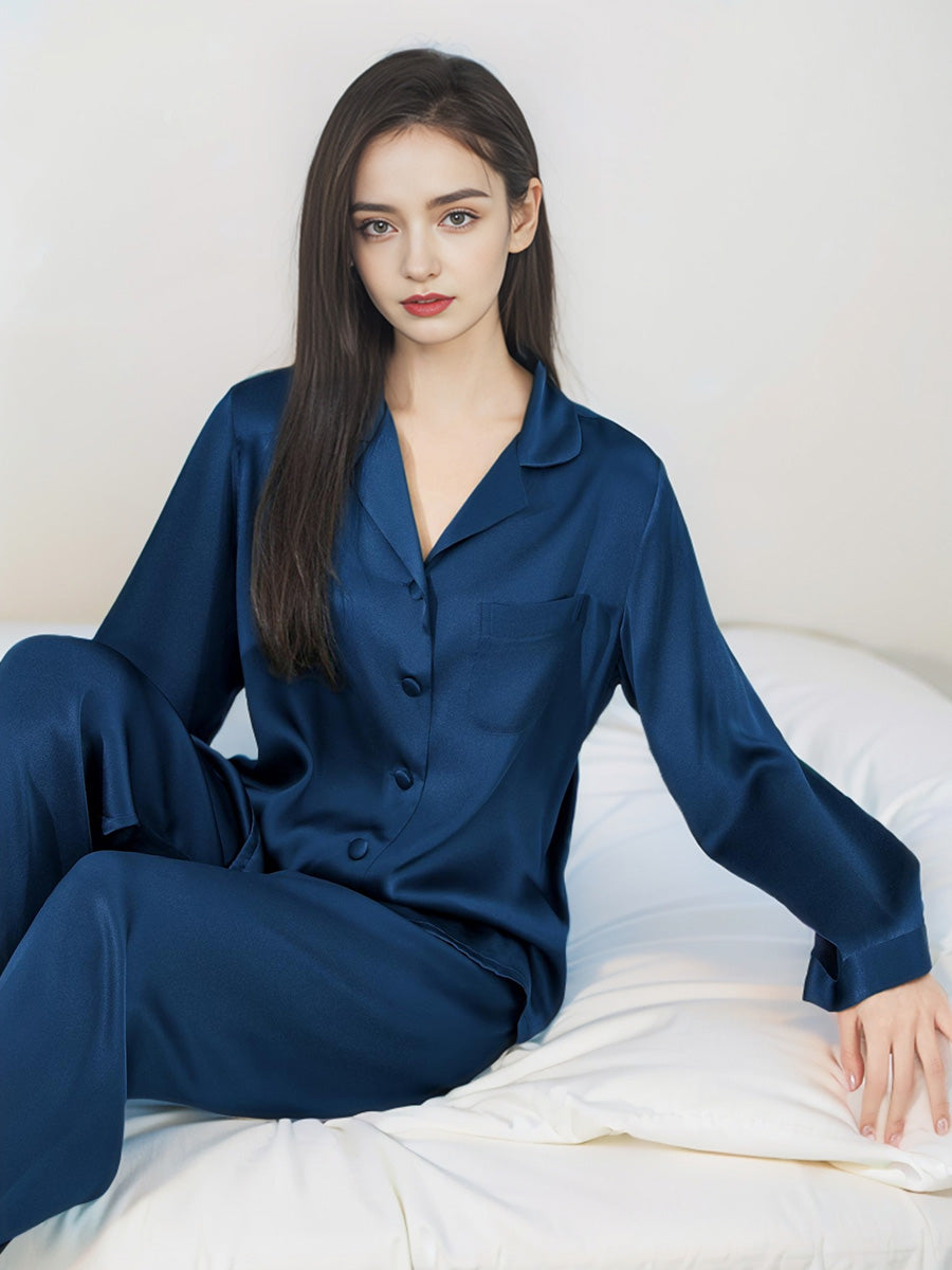 Classic Button Front Top & Long Pants Silk Sleepwear Set