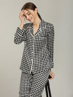 Long Sleeve Mulberry Silk Pajama Set with Houndstooth Print