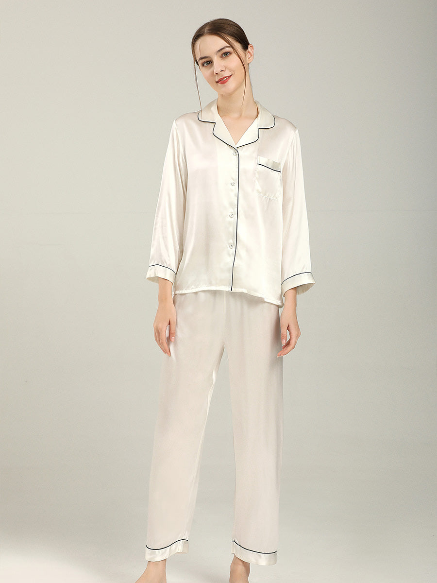 19 Momme Silk Long Sleeve Pajama Set with Contrast Piping