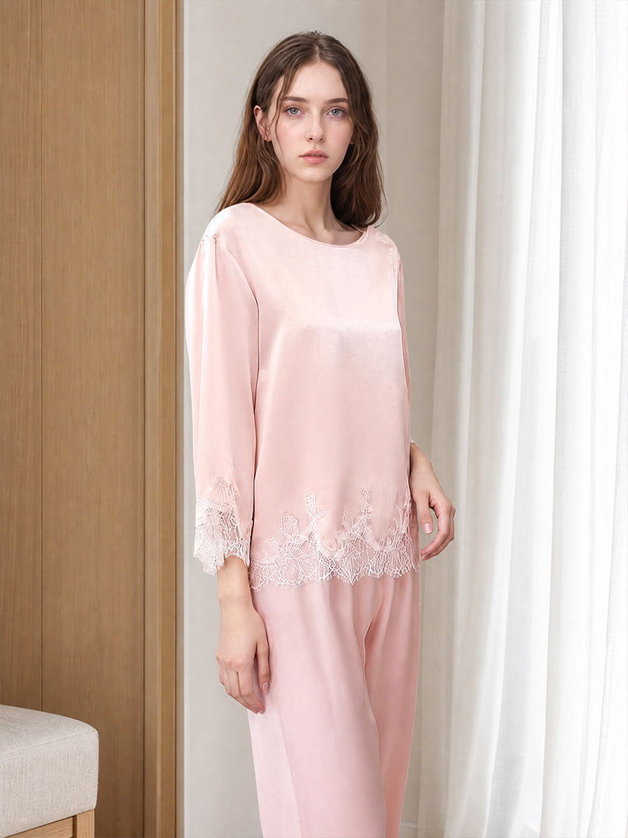 100% Mulberry Silk 3/4 Sleeve Pajama Set with Scalloped Lace Trim