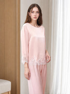 100% Mulberry Silk 3/4 Sleeve Pajama Set with Scalloped Lace Trim