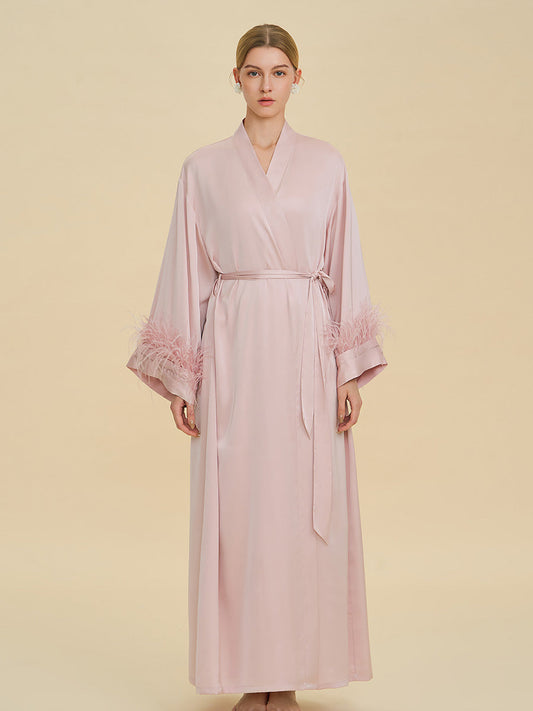 Blush Pink Satin Maxi Robe with Feather Cuffs
