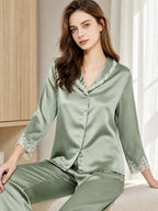 100% Mulberry Silk Lace Trim Notch Collar Pajama Set
