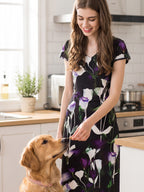 Short Sleeve V-Neck 100% Mulberry Silk Print Dress