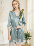 Notched Collar Button Front Lace Hem 100% Pure Silk Nightshirt