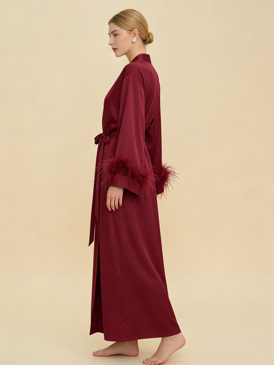 Burgundy Satin Maxi Robe with Feather Cuffs