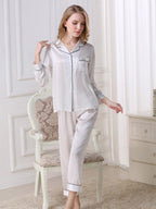 Long Sleeve Mulberry Silk Pajama Set with Contrast Piping