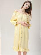 Puff Ruffle Cuff 3/4 Sleeve 100% Pure Silk Sleep Dress