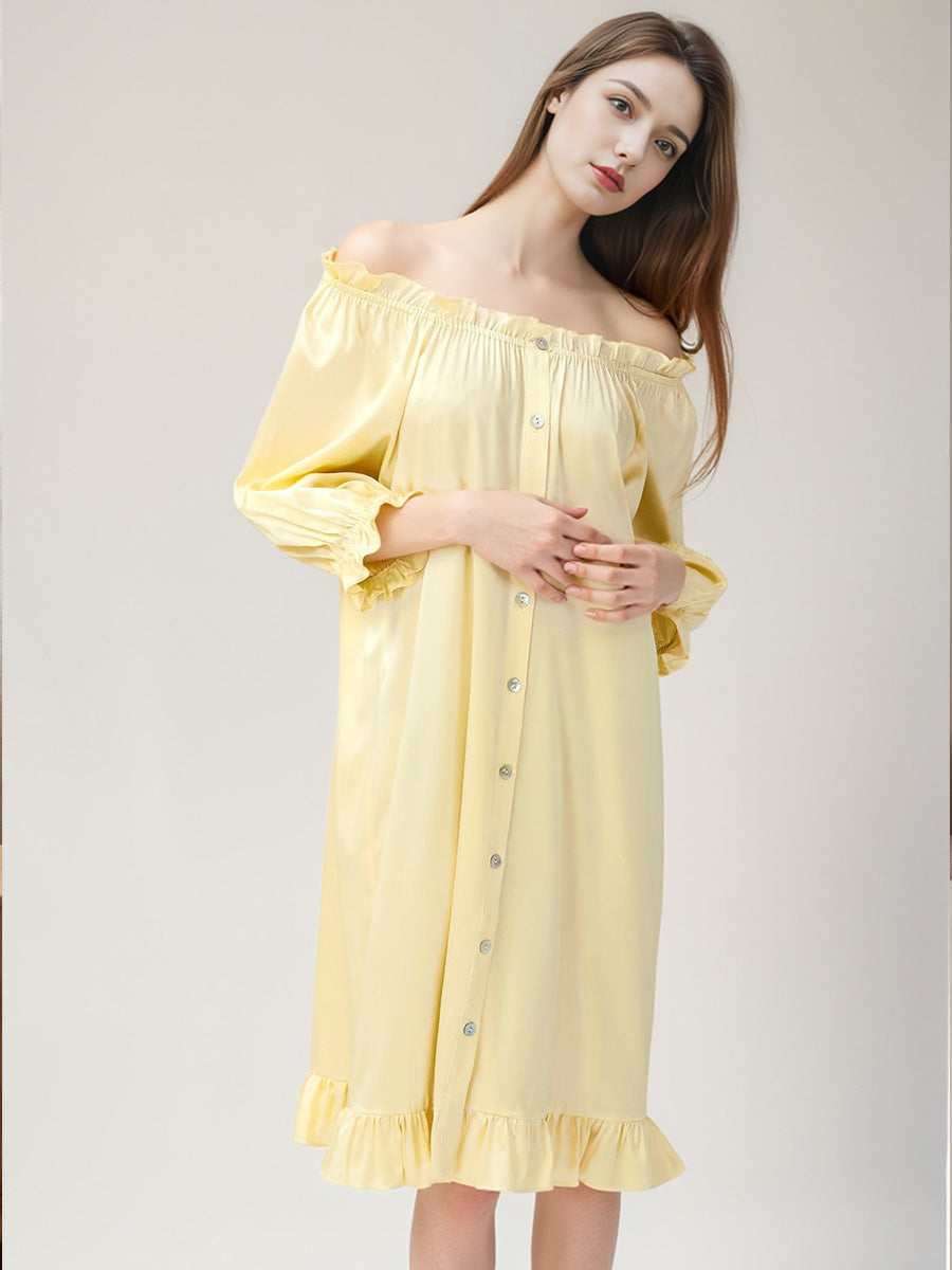 Puff Ruffle Cuff 3/4 Sleeve 100% Pure Silk Sleep Dress