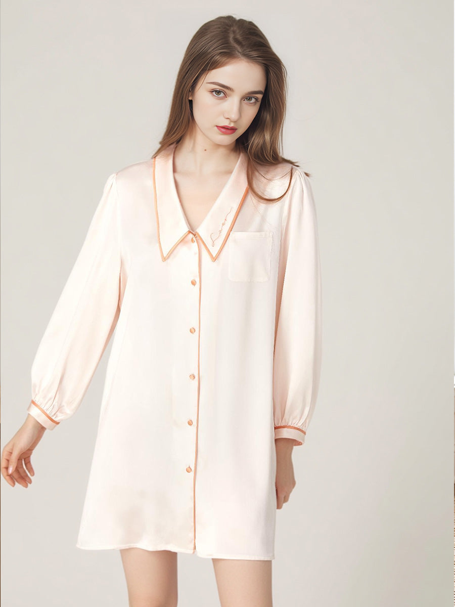 Notched Collar Button Front 100% Pure Silk Nightshirt