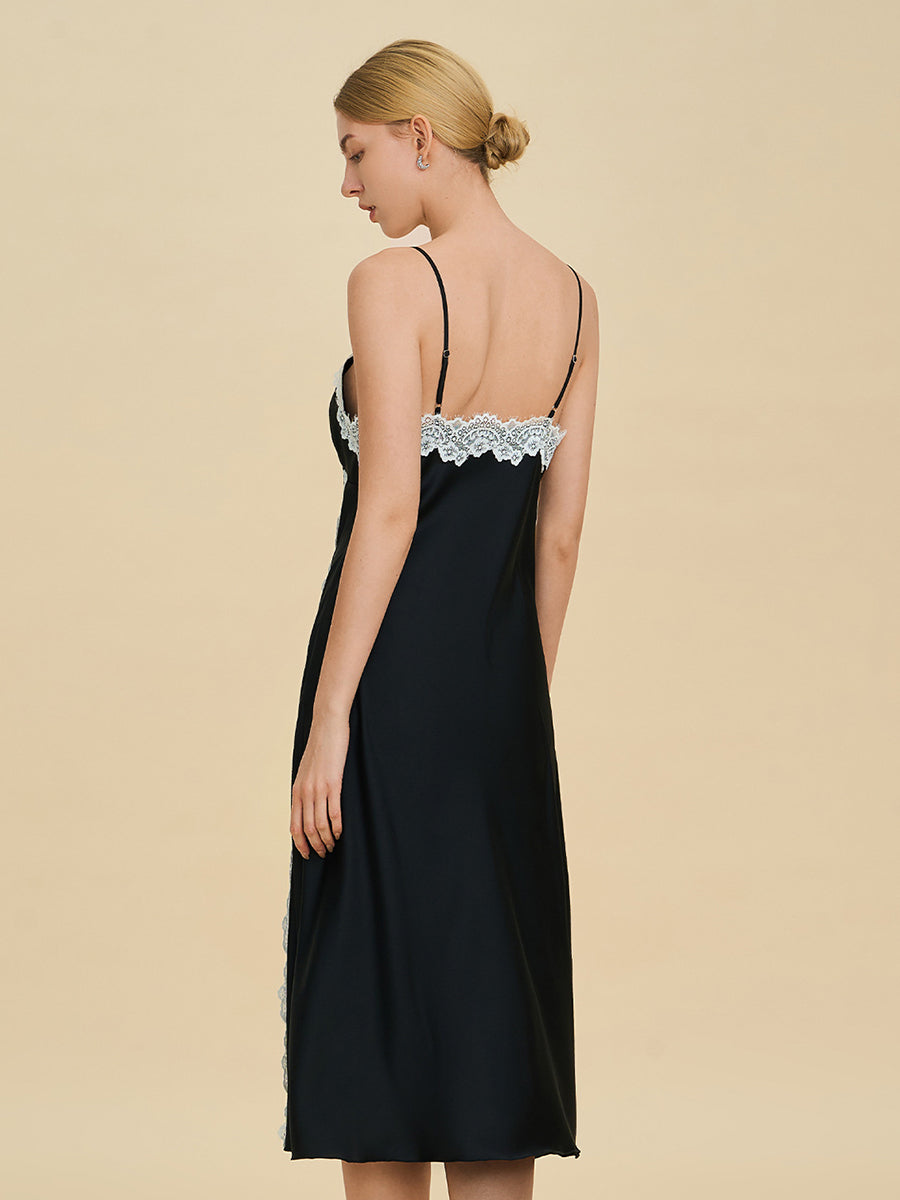 Black Satin Midi Slip Dress with Contrast Lace Trim