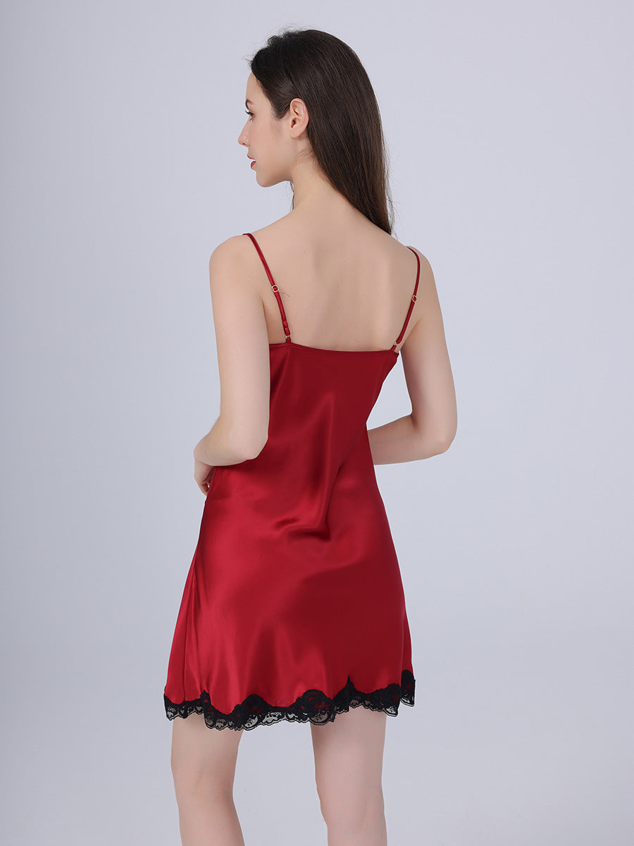 Lace Trim Mulberry Silk Slip Dress with Side Slit