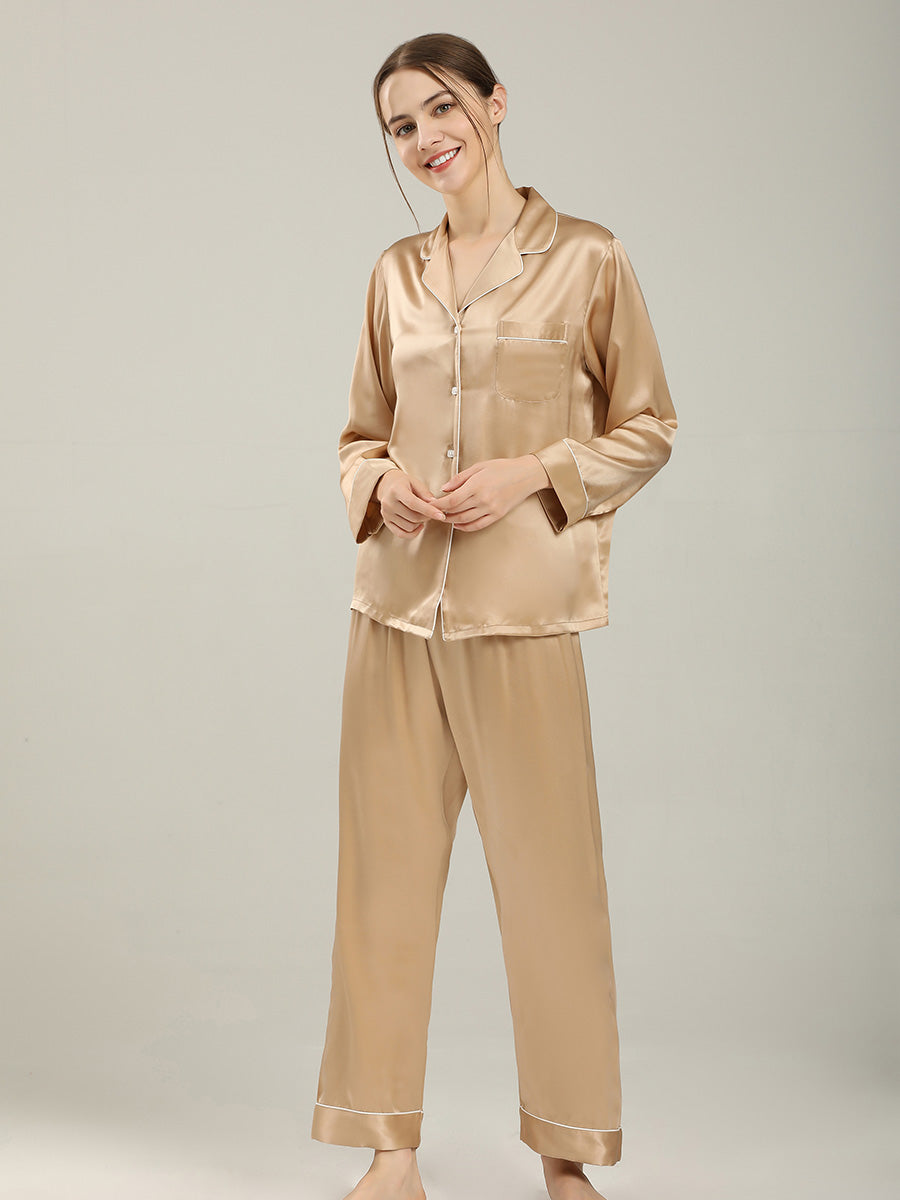 19 Momme Silk Long Sleeve Pajama Set with Contrast Piping