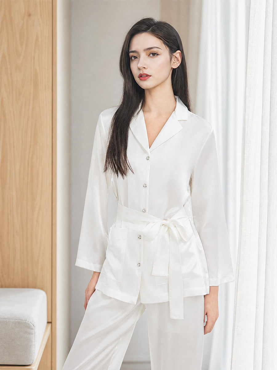 100% Mulberry Silk Belted Notched Collar Long Sleeve Pajama Set