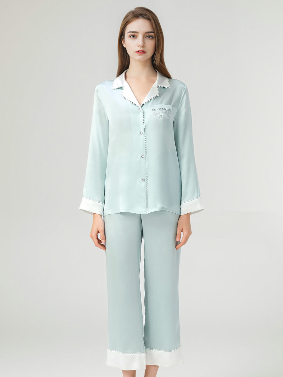 100% Mulberry Silk Contrast Collar Scalloped Trim Long Sleeve Pajama Set