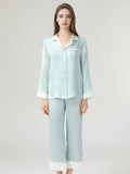 100% Mulberry Silk Contrast Collar Scalloped Trim Long Sleeve Pajama Set