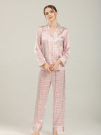 Long Sleeve Mulberry Silk Pajama Set with Houndstooth Print