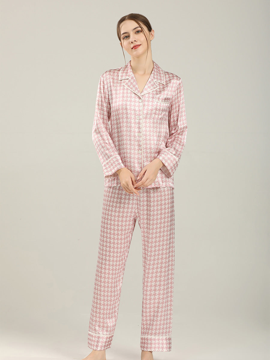Long Sleeve Mulberry Silk Pajama Set with Houndstooth Print