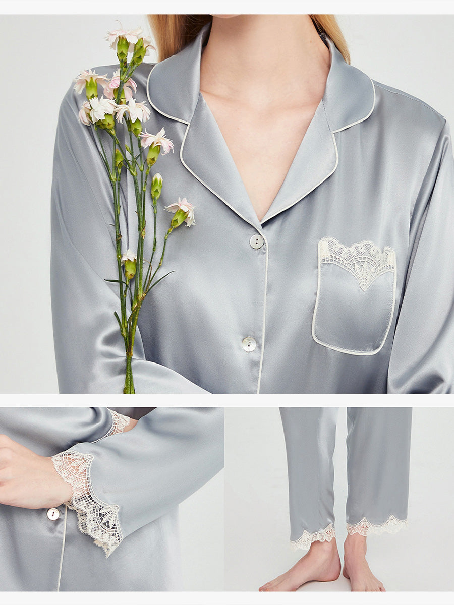 100% Mulberry Silk Scalloped Lace Trim Long Sleeve Pajama Set