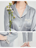100% Mulberry Silk Scalloped Lace Trim Long Sleeve Pajama Set