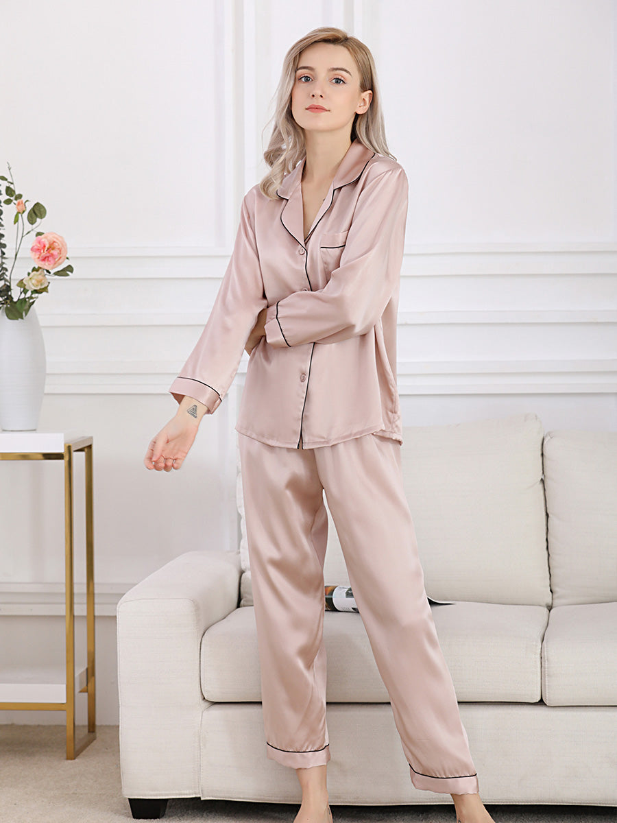 Long Sleeve Mulberry Silk Pajama Set with Contrast Piping