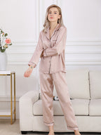 Long Sleeve Mulberry Silk Pajama Set with Contrast Piping