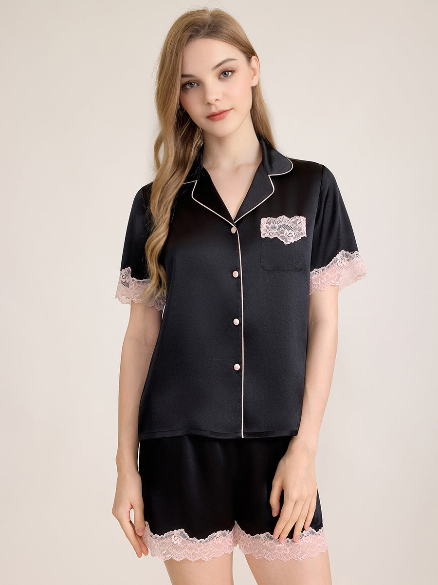 100% Mulberry Silk Lace Trim Short Sleeve Pajama Shorts Set