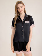 100% Mulberry Silk Lace Trim Short Sleeve Pajama Shorts Set