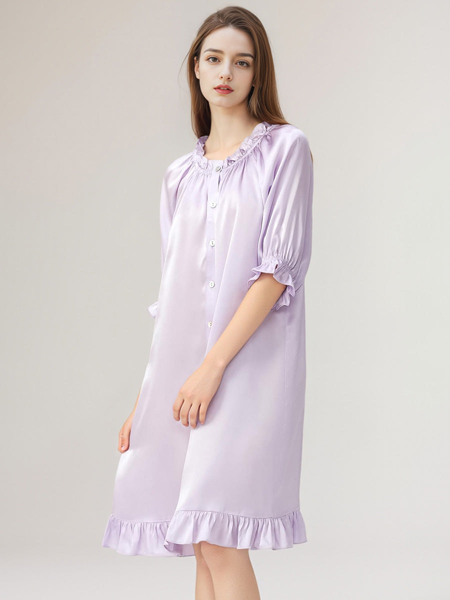 Puff Ruffle Cuff 3/4 Sleeve 100% Pure Silk Sleep Dress