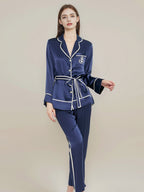 Notched Collar Button Front Silk Sleepwear with Waist Tie