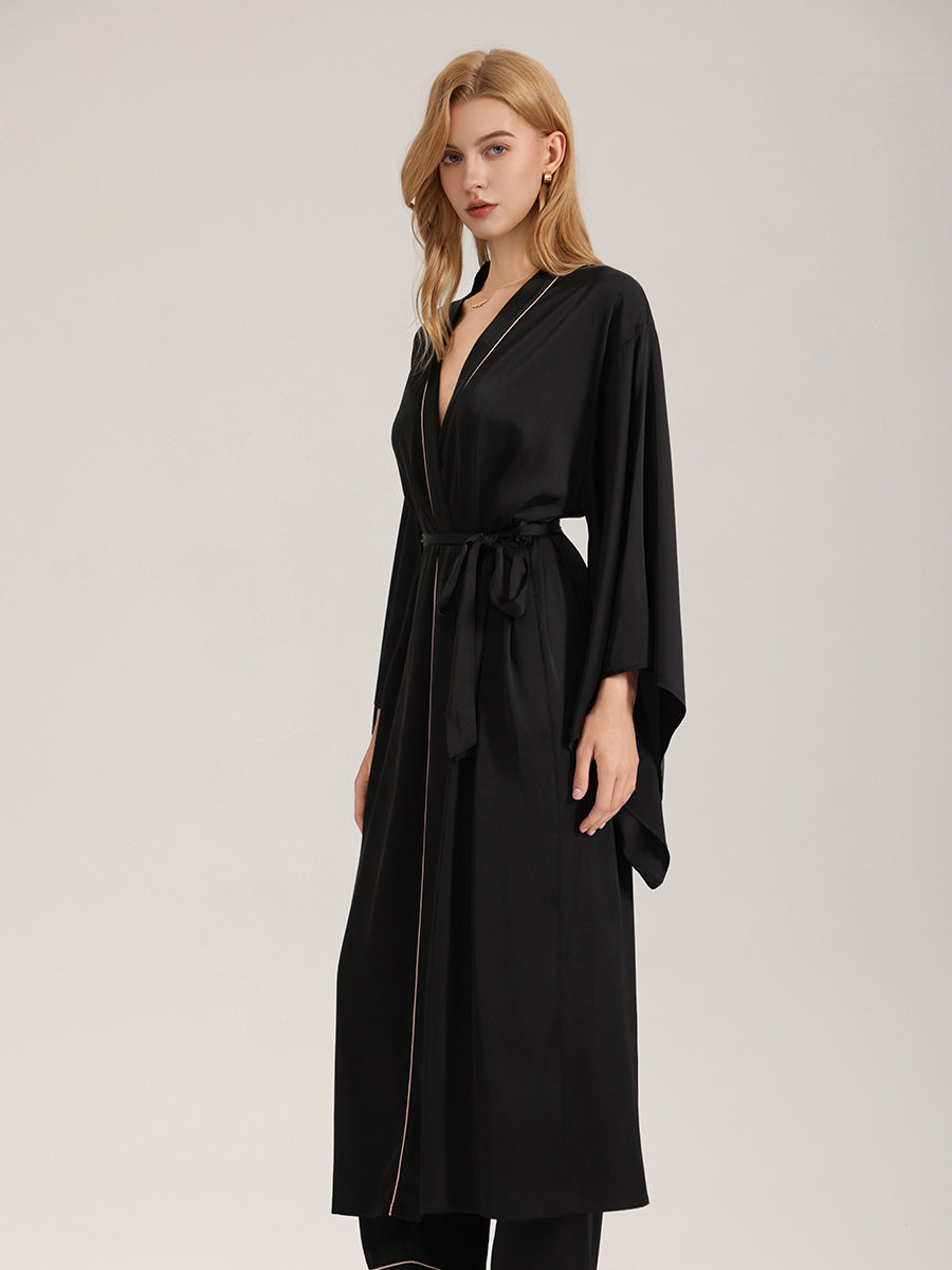 Black Satin Robe with Pink Piping
