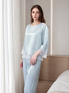 100% Mulberry Silk 3/4 Sleeve Pajama Set with Scalloped Lace Trim