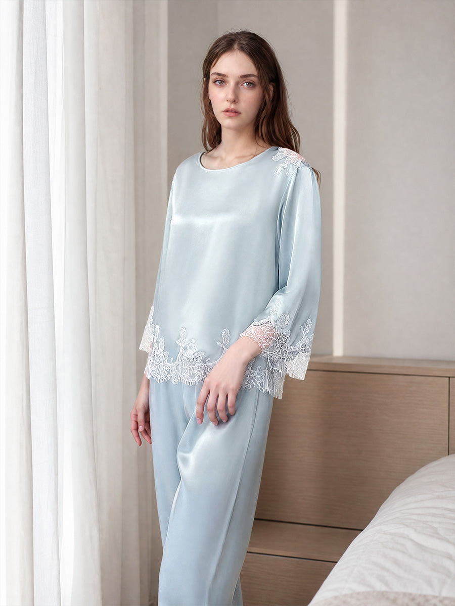 100% Mulberry Silk 3/4 Sleeve Pajama Set with Scalloped Lace Trim