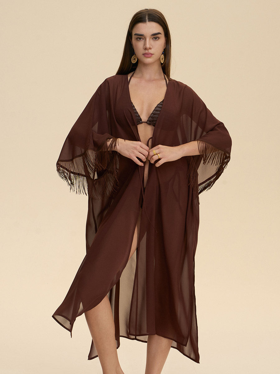 Fringe Trim Sheer Cover-Up Robe