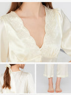 Scalloped Embroidered Bust Button Front Pure Silk Sleepwear Set