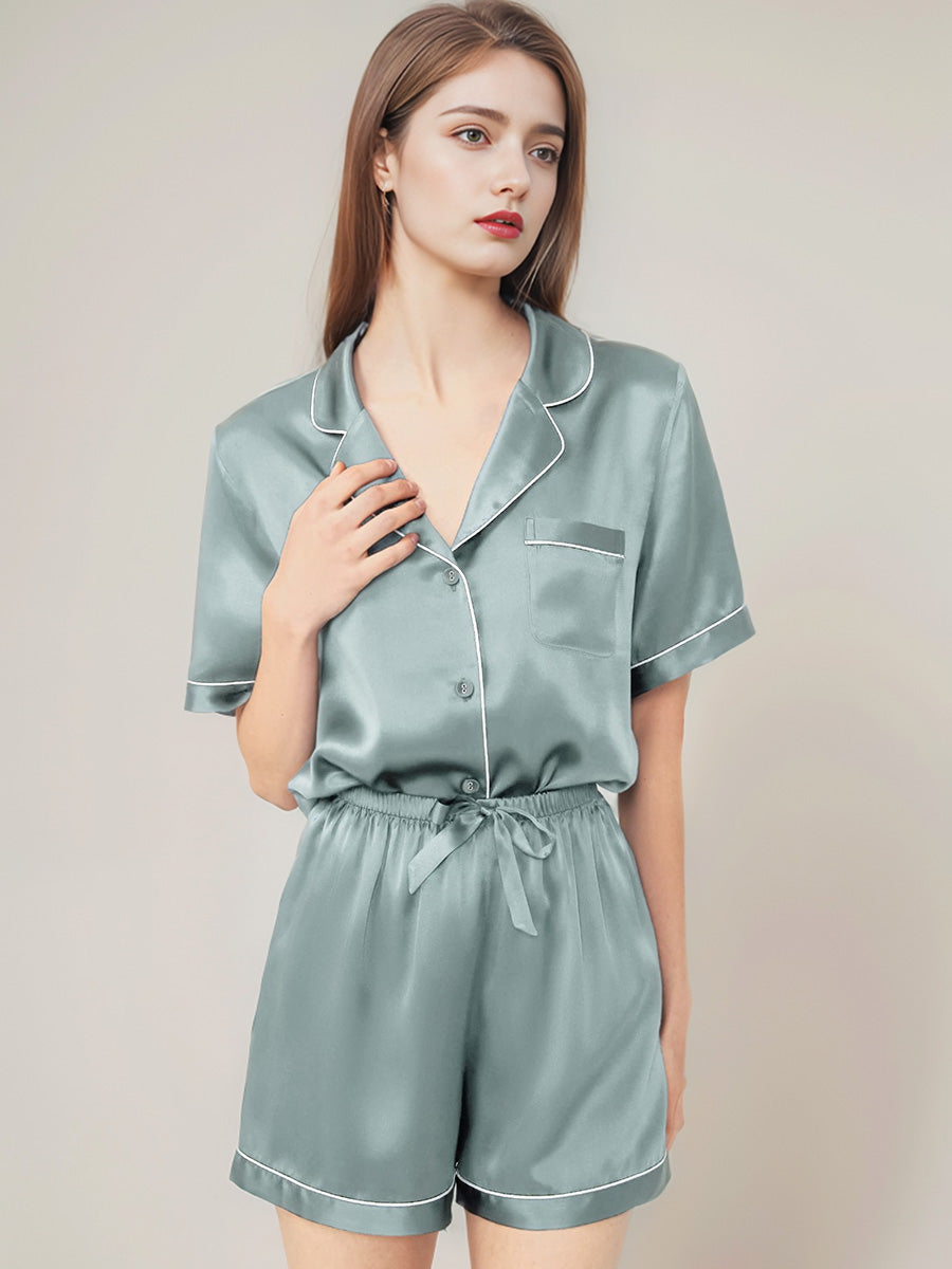 Notched Collar Button Down Top & Shorts Silk Sleepwear Set