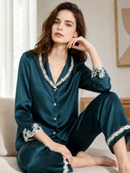 100% Mulberry Silk Lace Trim Notch Collar Pajama Set