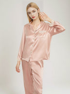 100% Mulberry Silk Scalloped Lace Trim Long Sleeve Pajama Set