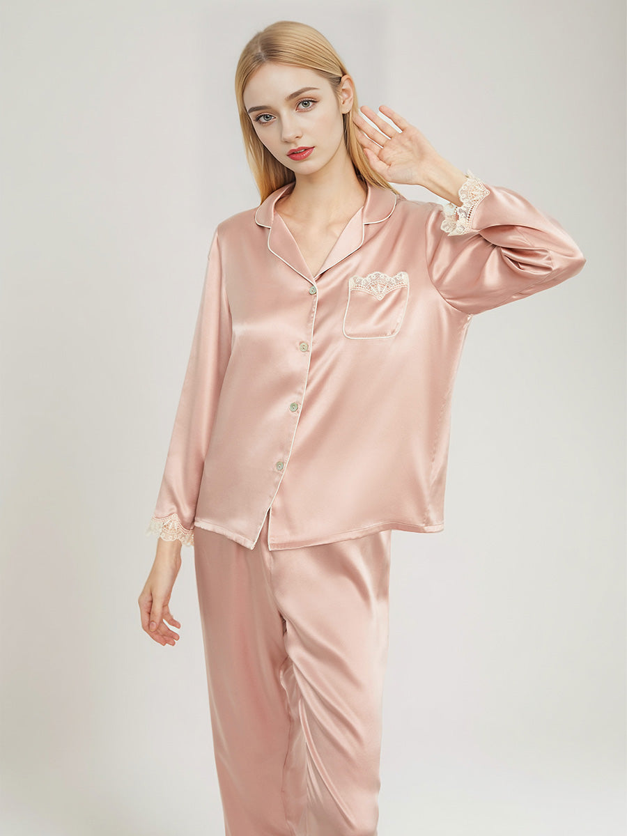 100% Mulberry Silk Scalloped Lace Trim Long Sleeve Pajama Set