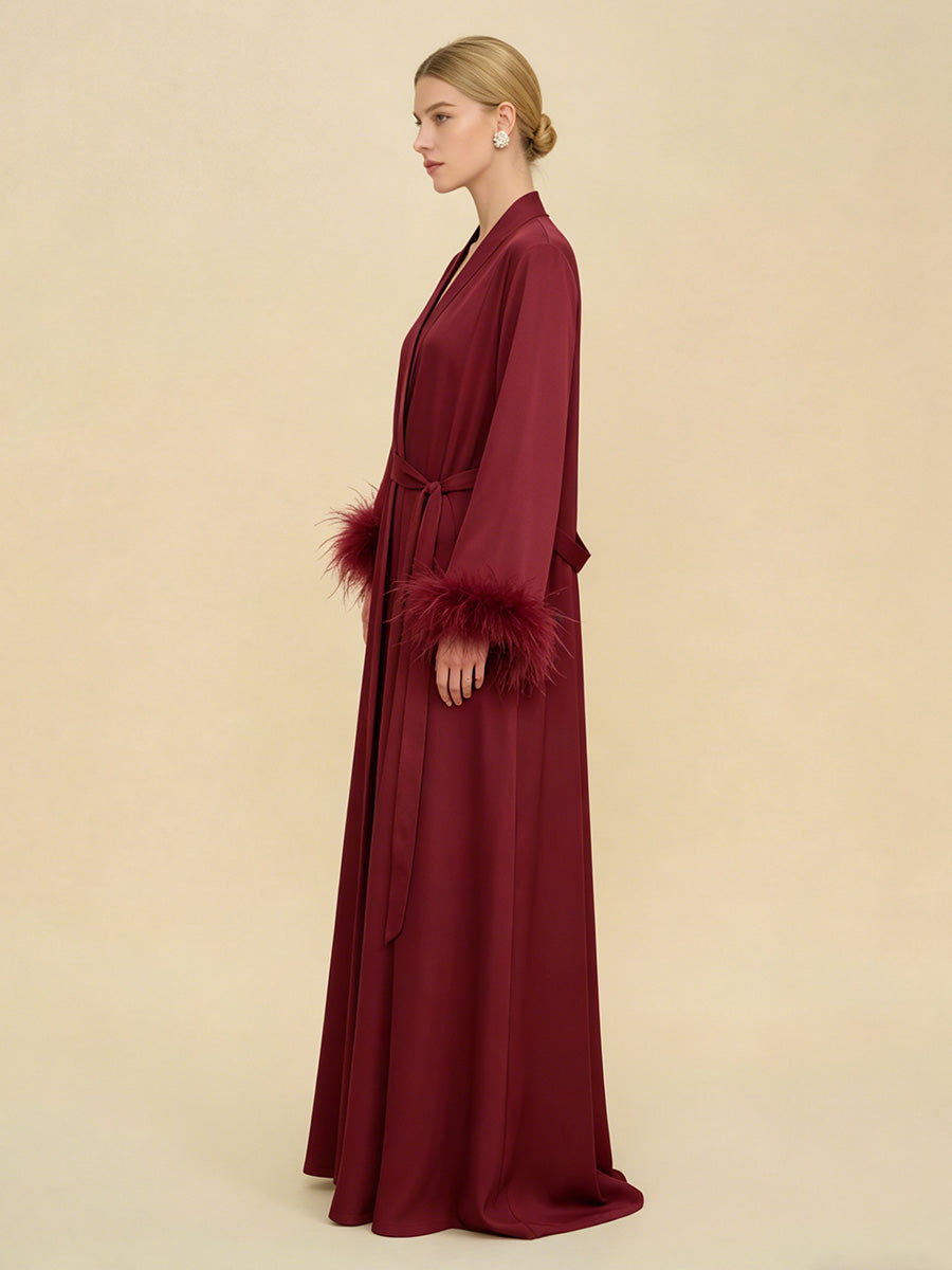 Burgundy Satin Maxi Robe with Feather Cuffs