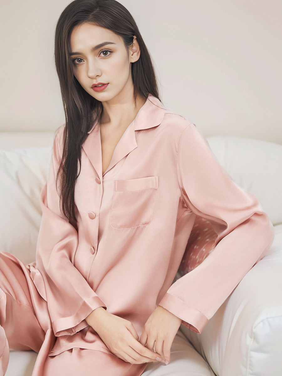 Classic Button Front Top & Long Pants Silk Sleepwear Set