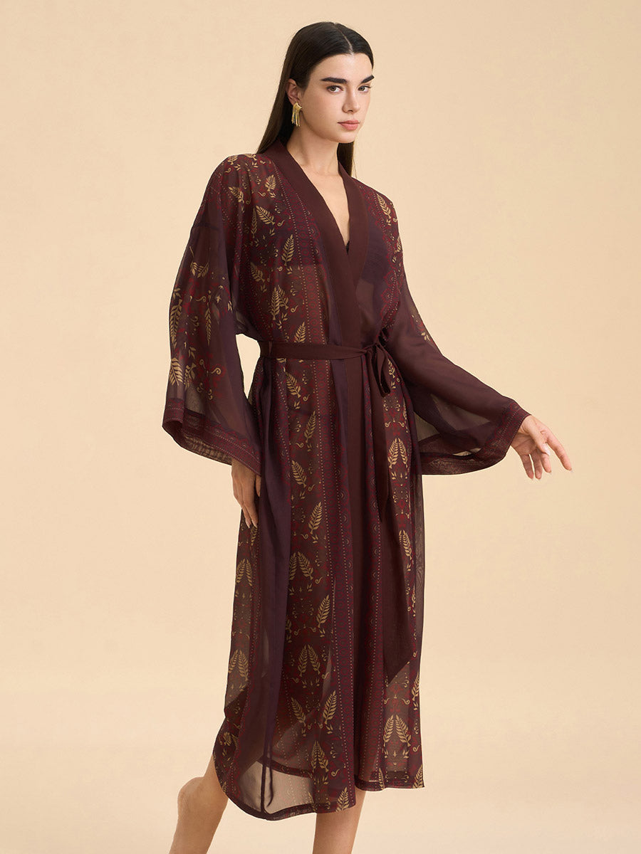 Plum Gold Leaf Sheer Kimono Robe