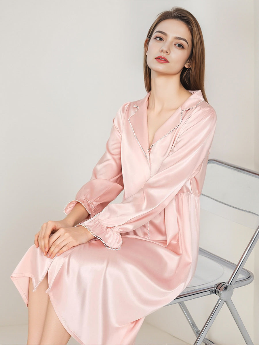 Pearl Button Flounce Cuff 100% Pure Silk Midi Sleep Dress