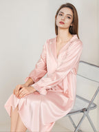 Pearl Button Flounce Cuff 100% Pure Silk Midi Sleep Dress