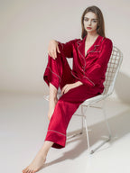 100% Mulberry Silk Rhinestone Trim Notched Collar Pajama Set