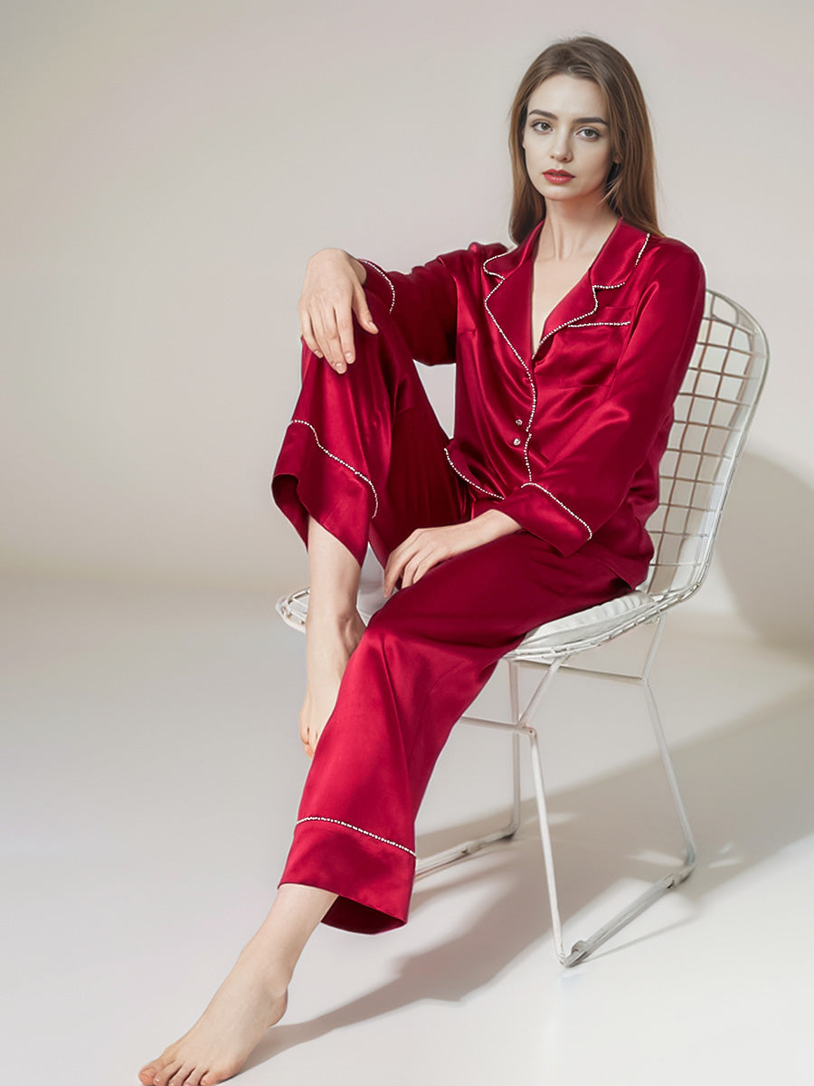 100% Mulberry Silk Rhinestone Trim Notched Collar Pajama Set