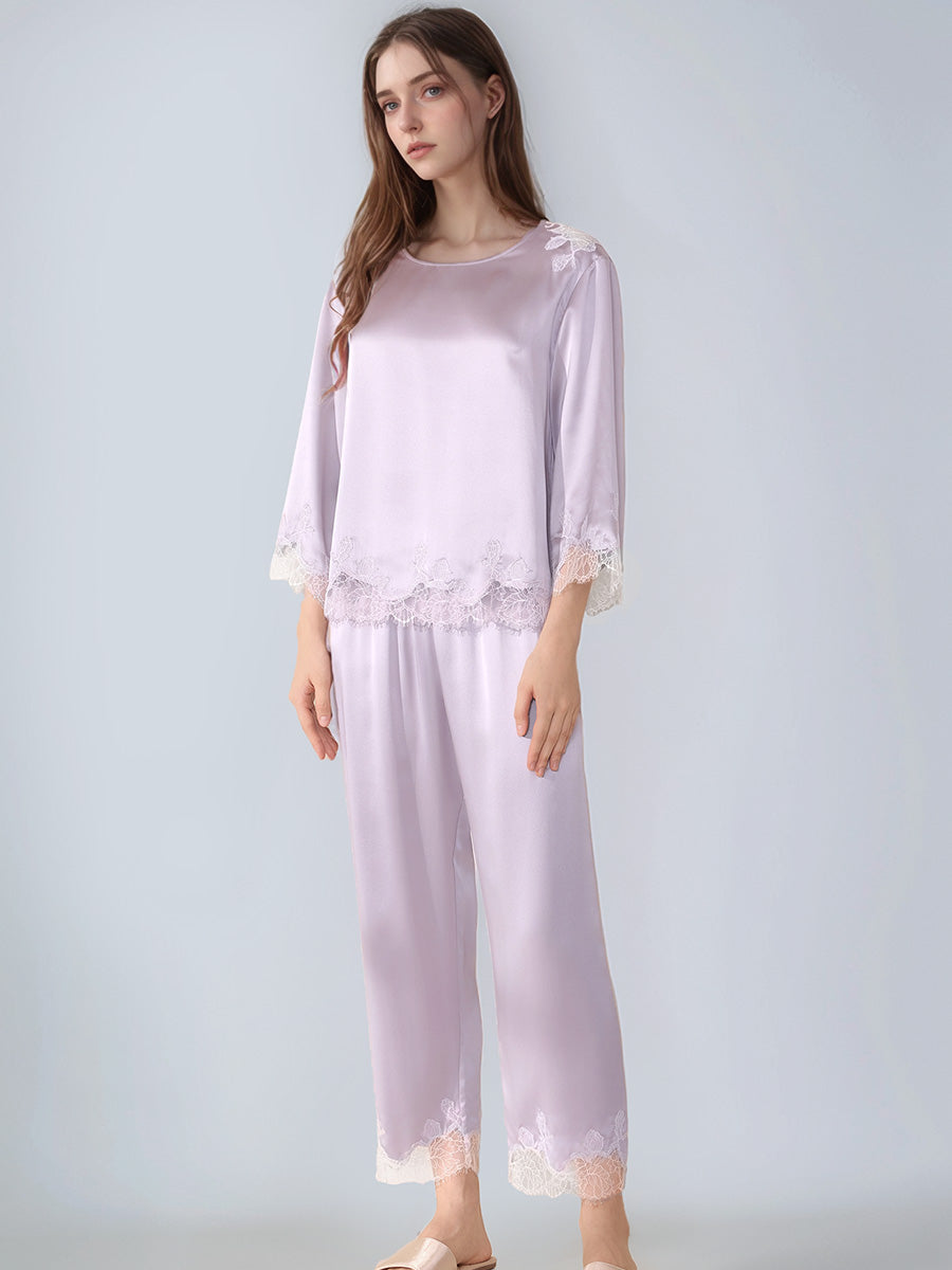 100% Mulberry Silk 3/4 Sleeve Pajama Set with Scalloped Lace Trim