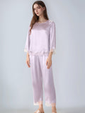 100% Mulberry Silk 3/4 Sleeve Pajama Set with Scalloped Lace Trim