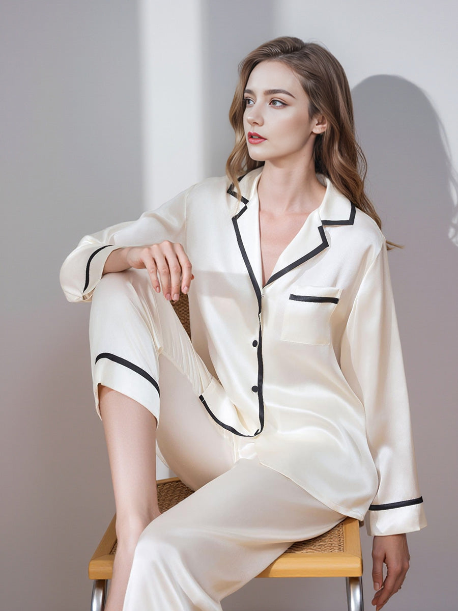 100% Mulberry Silk Contrast Piping Long Sleeve Pajama Set